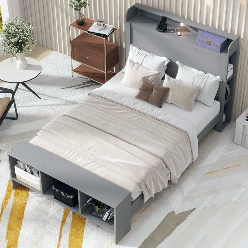 Platform Bed with Built-in Shelves,LED Light and USB Ports,Full/Twin Size
