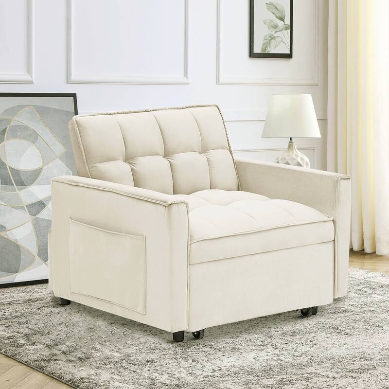 Classic Velvet Upholstered Convertible Futon Chair with Side Storage Pockets - Creamy White