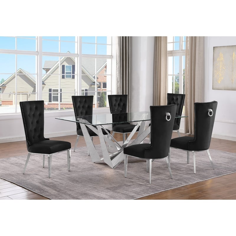 Best Quality Furniture D400/1-SC330-7 Dining Set with 78" 12mm Glass with Bevel - 7-Piece - Black / Silver