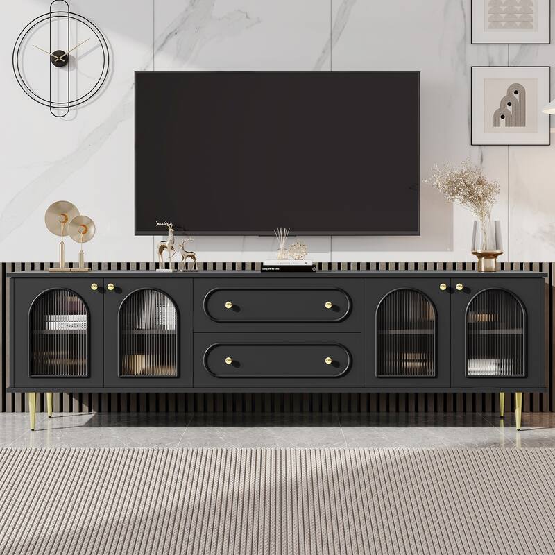 Modern TV Stand Up to 80'' with Fluted Glass Doors - 78.7" D x 15.7" W x 24.4" H