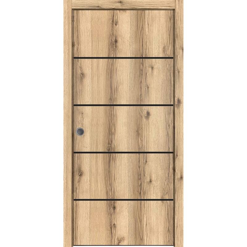French Pocket Door 18 x 80 with Planum 0015 Oak with Kit Trims Rail - 32" x 96"