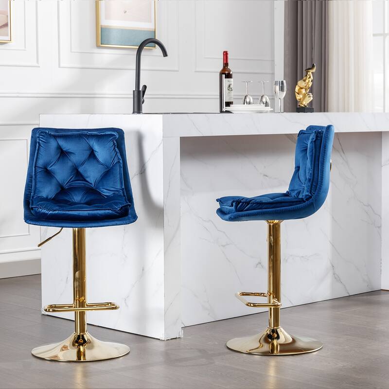 Set of 2 Bar Stools,with Chrome Footrest,Base Swivel Height Adjustable Mechanical Lifting Velvet + Golden Leg Simple Bar Stool