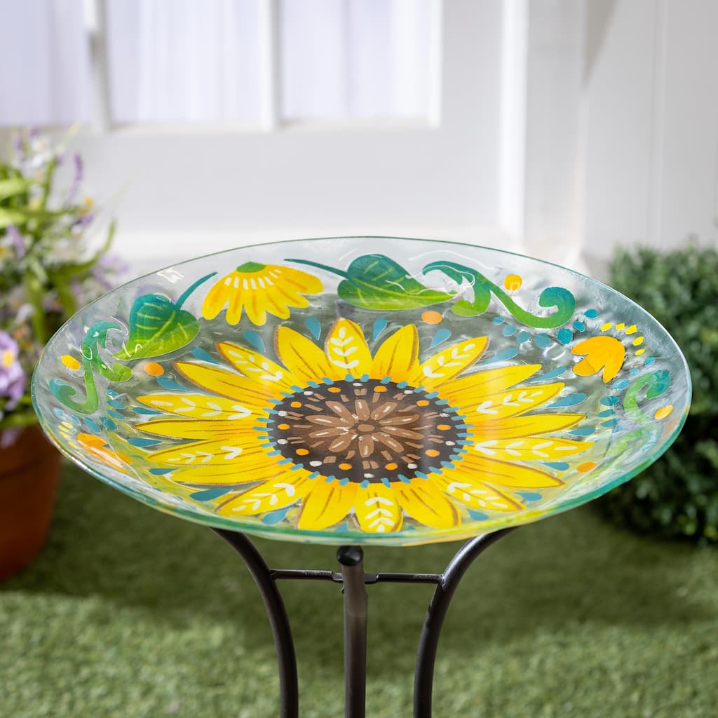 18" Glass Folk Art Bird Bath, Sunflower