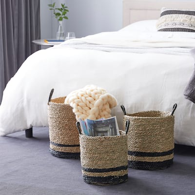 Black Seagrass Handmade Two Toned Storage Basket with Handles (Set of 3) - S/3 15", 17", 18"H