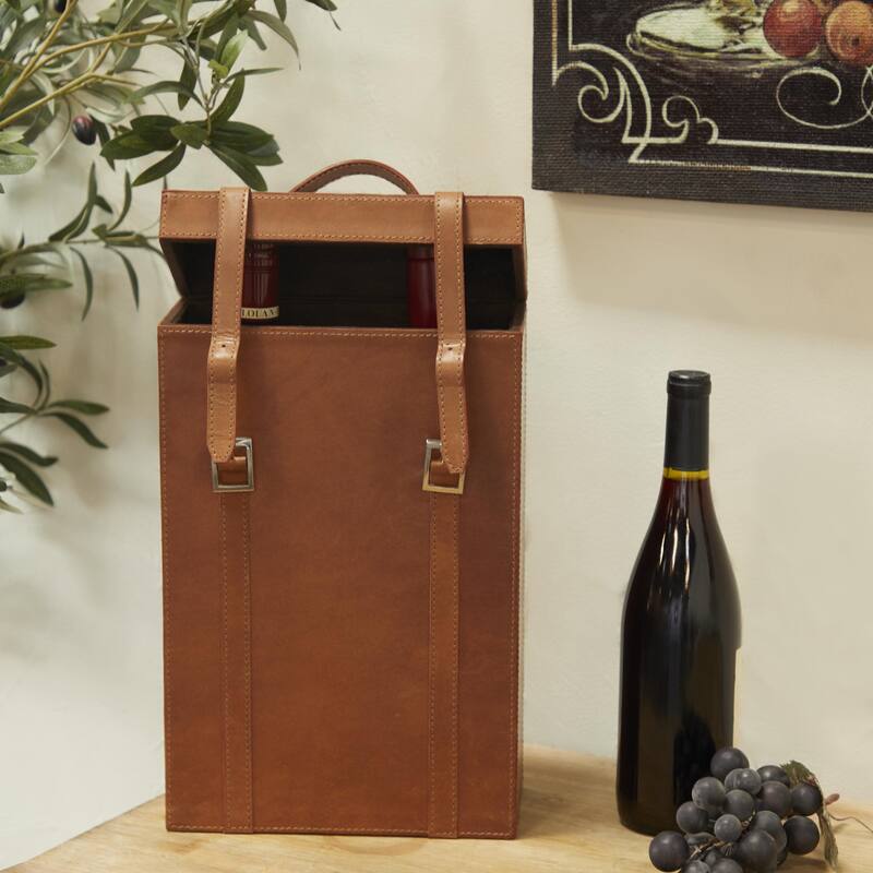 Leather Handmade Bottle Wine Holder with Carrying Handle - Dark Blue, Brown, Red - Roche River Decor