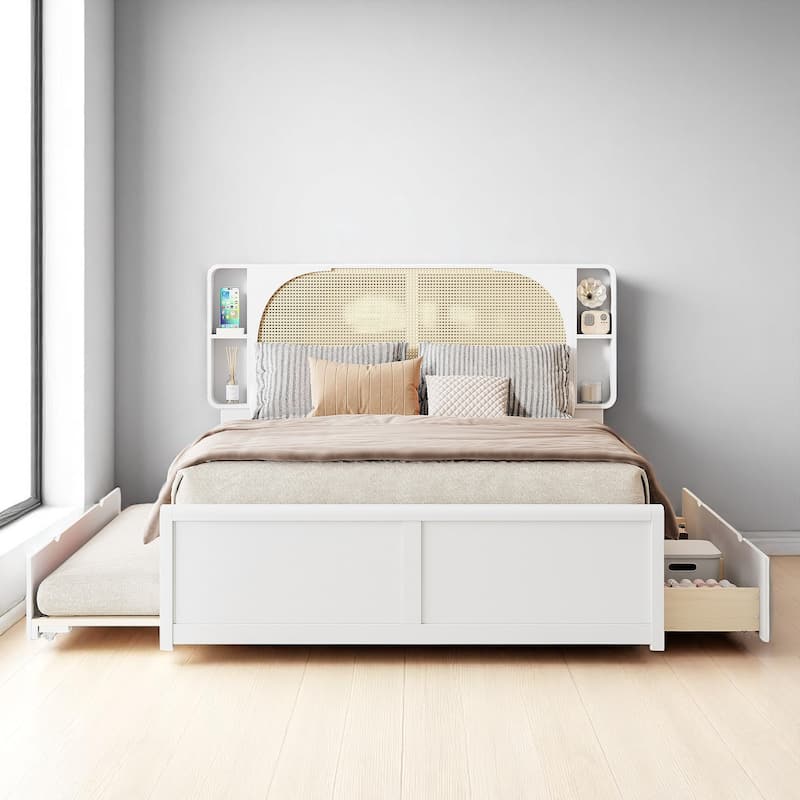 Modern Full/Queen Size Murphy Bed with Dual Shelves, Fold-Up Wall Bed Cabinet with Mattress Support Slats