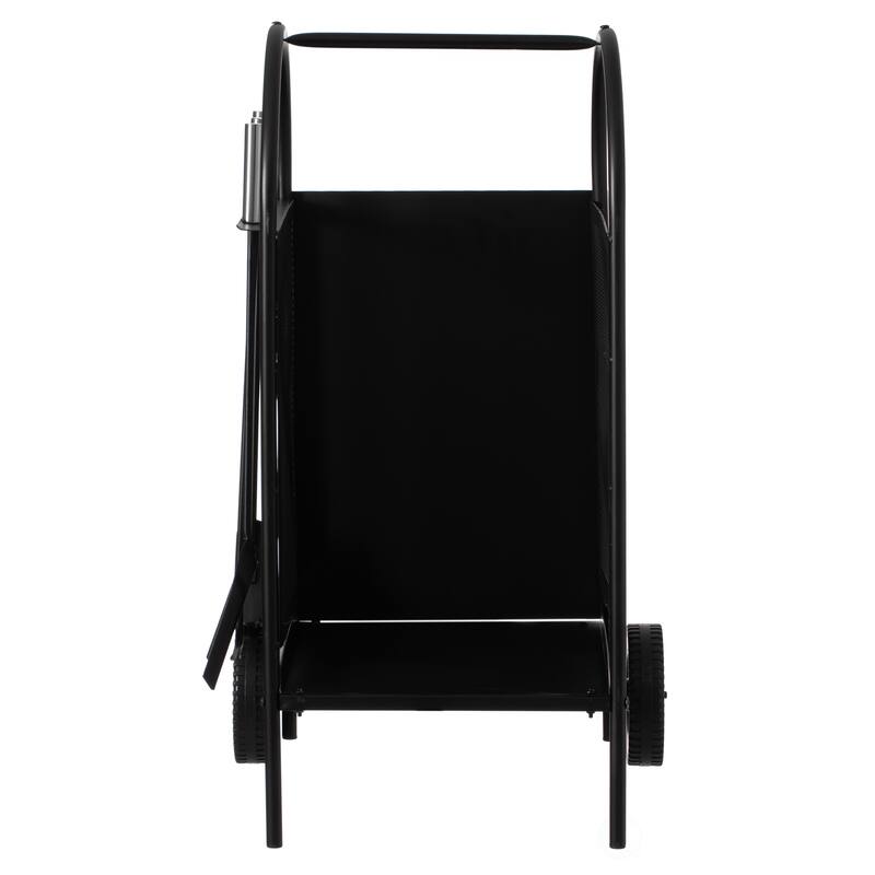 Indoor and Outdoor Patio Iron Firewood Log Cart with Wheels and Fireplace Tool Set, Black