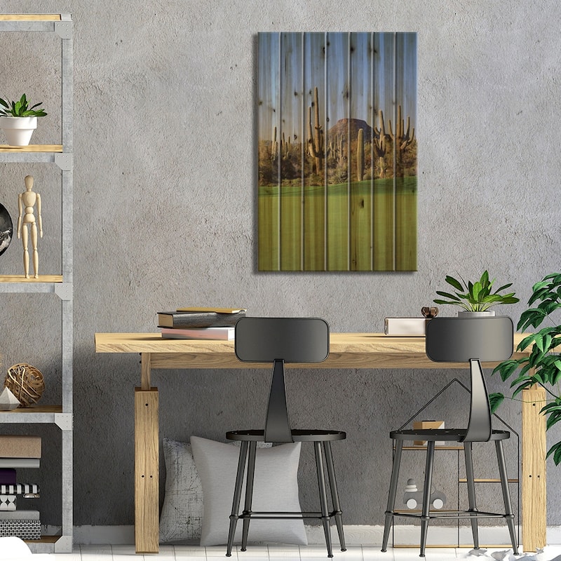 Saguaro cacti in a golf course, Troon North Golf Club, Scottsdale, Arizona, USA Print On Wood by Panoramic Images - Multi-Color