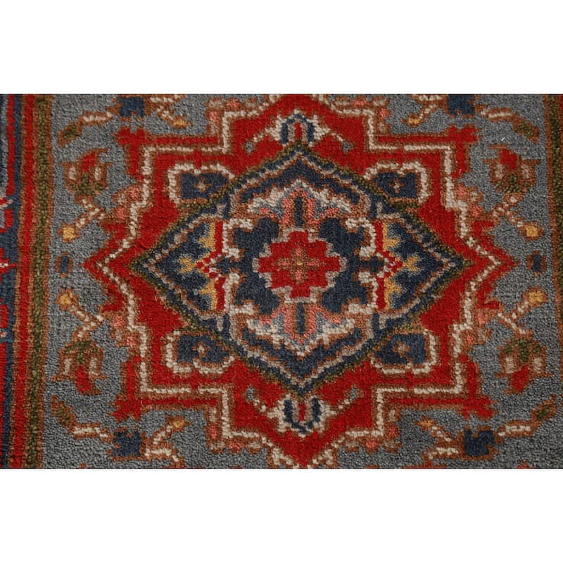 Hand Knotted Oriental 100% Wool Carpet Traditional Geometric Greys & Charcoal Heriz (serapi) Runner Rug - 7' 11'' X 2' 7''