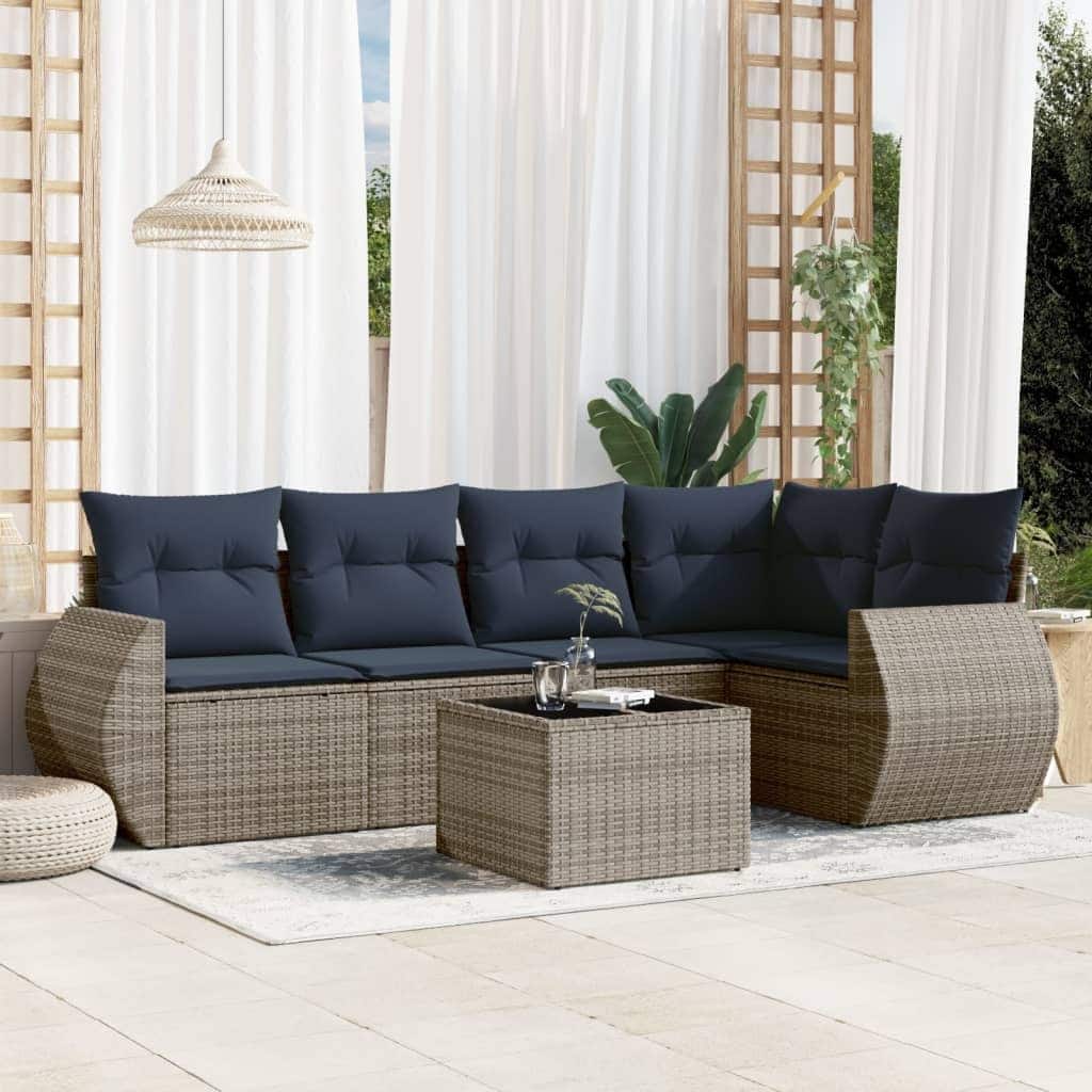 vidaXL 6 Piece Patio Sofa Set with Cushions Gray Poly Rattan - 99.6x27.2x99.6