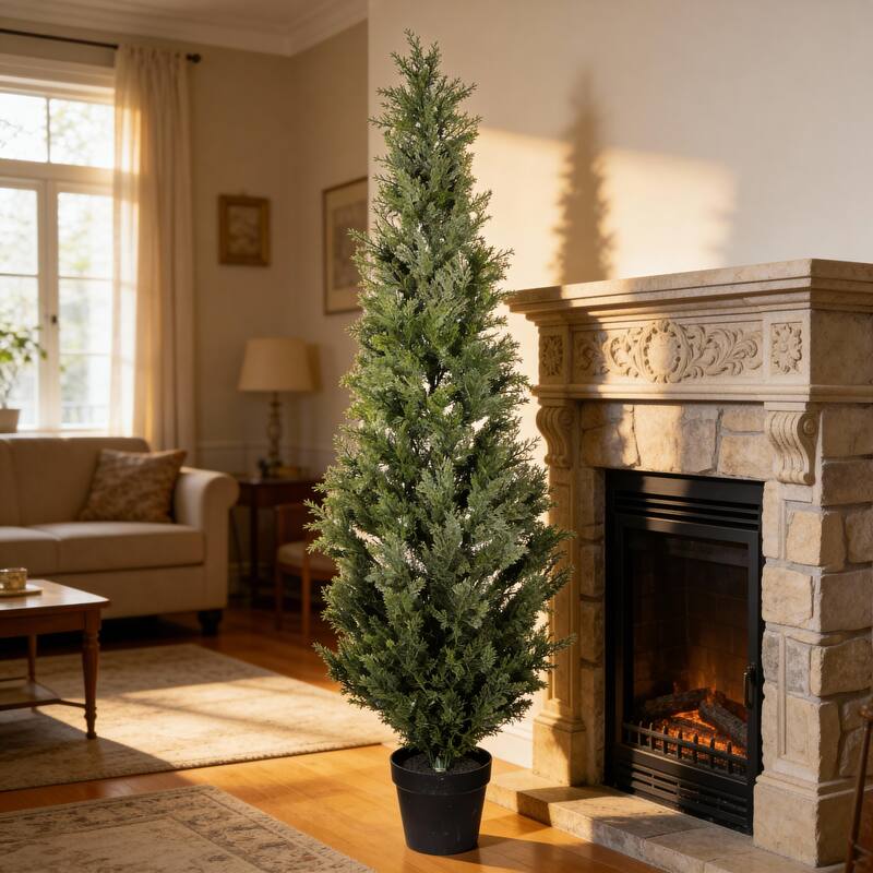 5FT Artificial Cypress Tree in Black Plastic Pot UV Resistant, Realistic Indoor Outdoor Fake Topiary Plant, 1pc/set