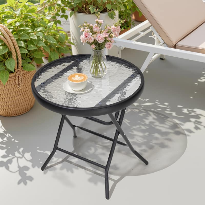 Outdoor Patio Folding Round Table Tempered Glass Top