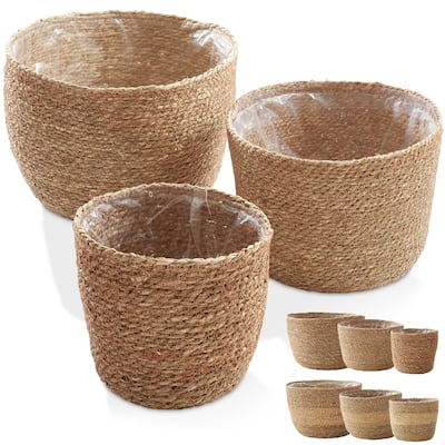 Set of 3 Seagrass Planter Baskets Natural Flower Pot Covers w Liners