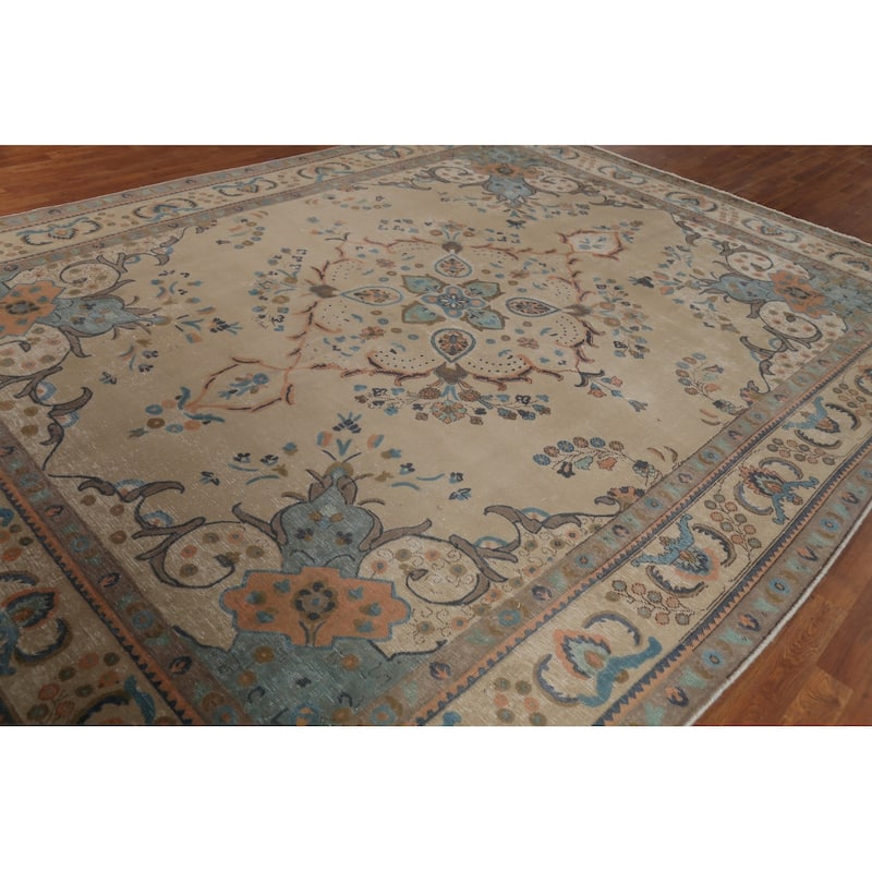 Tabriz Persian Vintage Area Rug Hand-Knotted Beige Wool Carpet - 9'6"x 12'5"