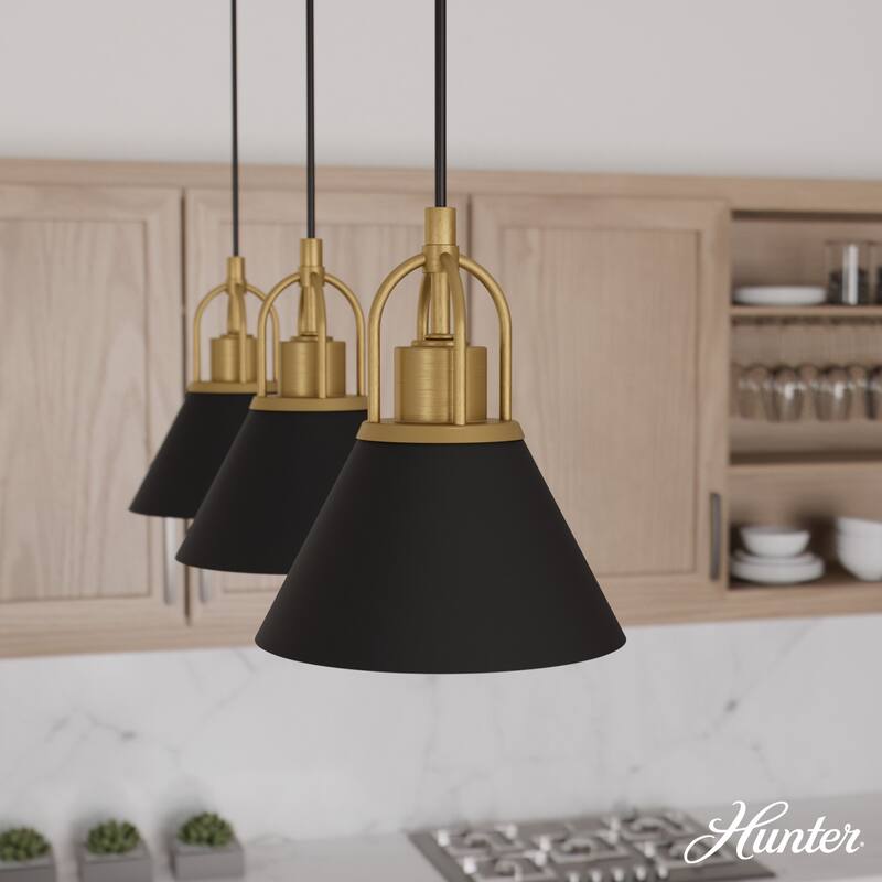 Hunter Carrington Isle Black / Luxe Gold Pendant - Island, Dining Room, Foyer, Bedroom - Casual, Transitional, Cone - Designer! - 31" Linear