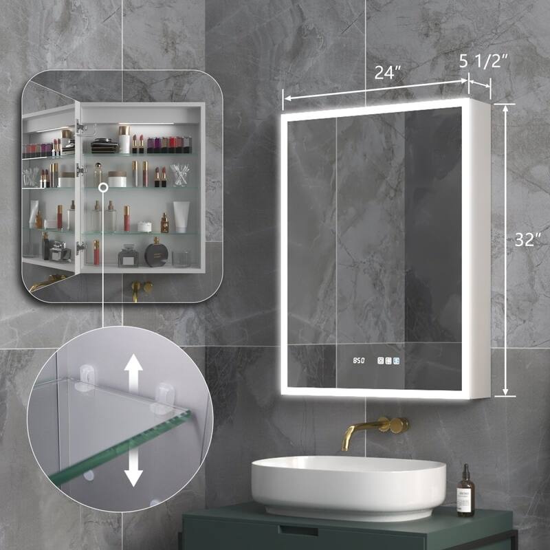 ExBrite 24" W x 32" H Led Lighted Medicine Cabinet Recessed or Surface with mirrors