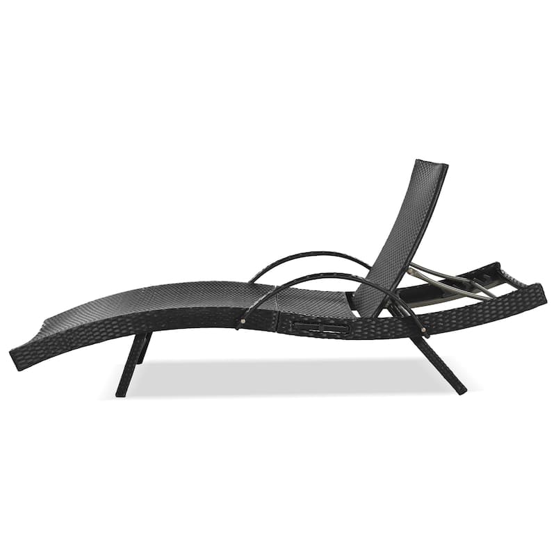 2 Pcs Outdoor Curved Wicker Chaise Lounge Chair, Reclining Chairs with Pull-Out Side Table & Adjustable Backrest