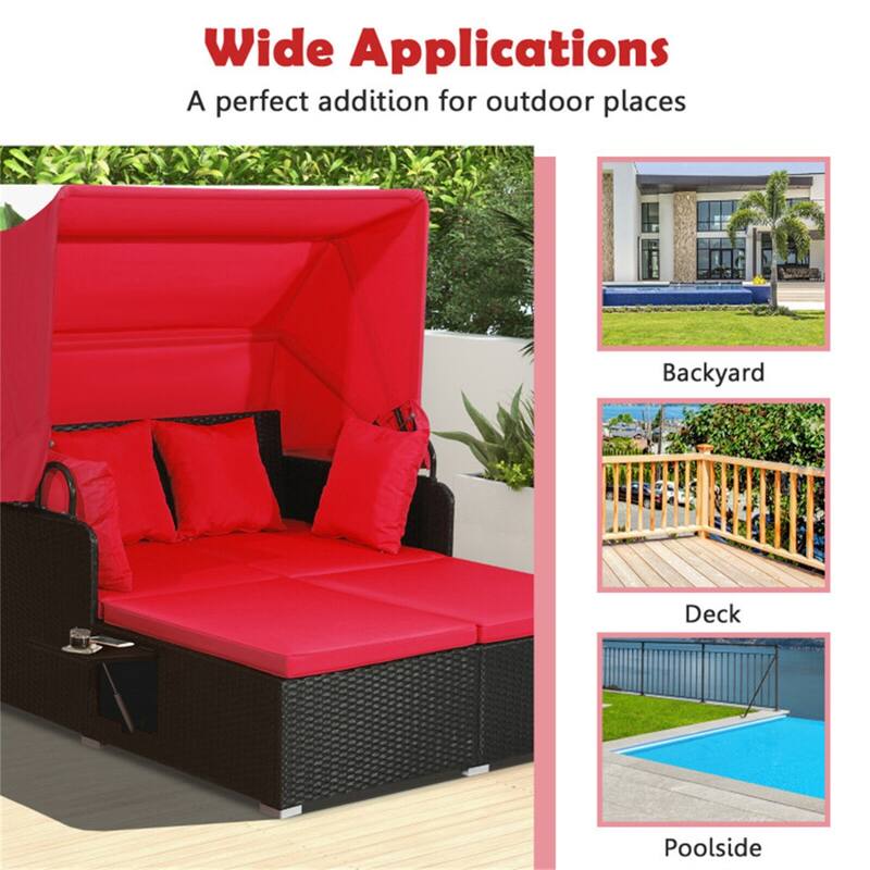 Rattan Daybed Lounge with Retractable Canopy and Side Tables - 65" x 60.5 x 58.5"
