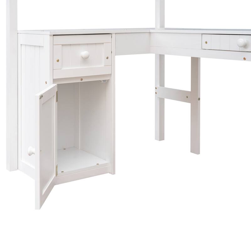 Twin Size Loft Bed with Desk, Storage Drawers, and Shelves, Solid Pine Wood Frame