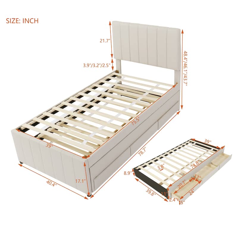 Twin Size Upholstered Platform Bed Frame with Trundle and 3 Storage Drawers, Linen Fabric, Space-Saving Design, Easy Assembly