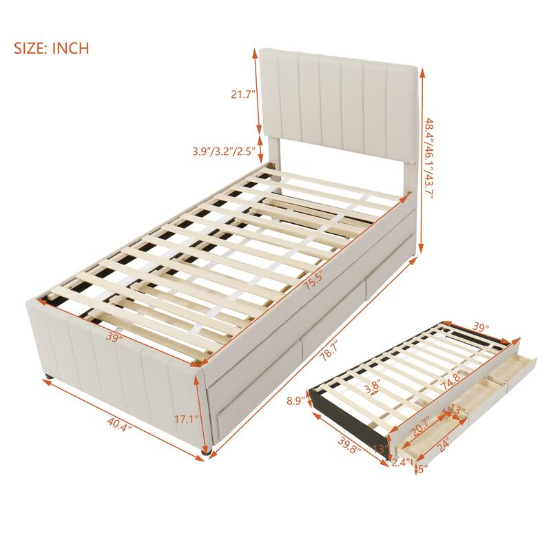 Twin Size Wood Bed Frame Linen Fabric Upholstered Platform Bed with 3 Drawers and Trundle, No Box Spring Needed,Beige