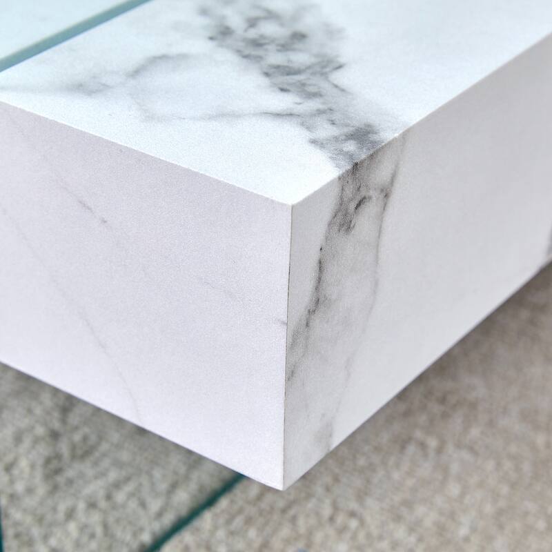 31.4 Inch Modern Two-Tier Square Coffee Table - An Elegant Combination of Clear Glass and White Marble Pattern Sticker.I