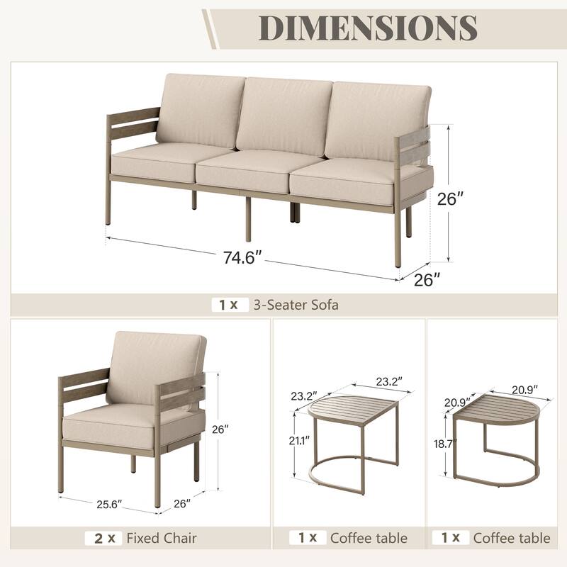 MAISON ARTS 5-Seater Patio Conversation Set Curved Metal Wood-Like Sofa Set