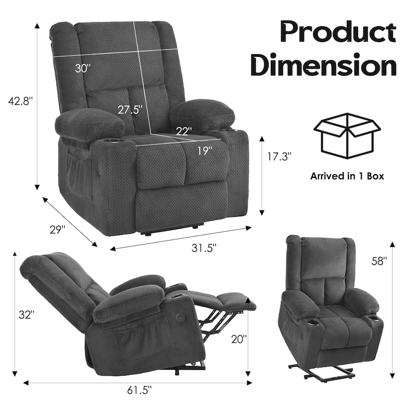 Power Lift Recliner Chair, Lounge Chaise Chair with Heat Functions, Massage Chair with USB Ports & Cup Holders