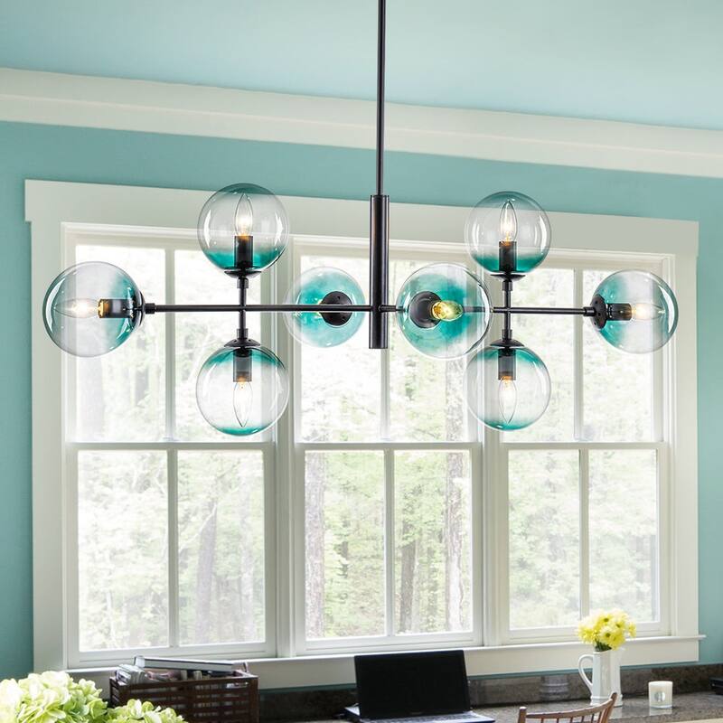 Modern 8-Light Gradient Blue Glass Bubble Linear Sputnik Chandelier - Black