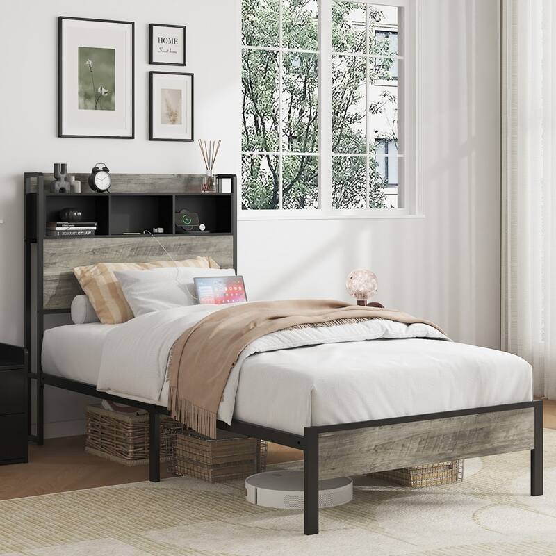 Bed frame with storage space at the head of the bed and a charging statio