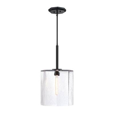 Haven 60 Watt 1-Light Matte Black Geometric Pendant Light with Clear Rippled Glass Shade - 25.75