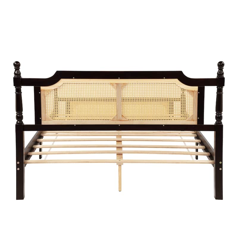 Queen Pine Wooden Bed with Rattan Headboard and Footboard, Central Enhanced Bed Platform, Espresso