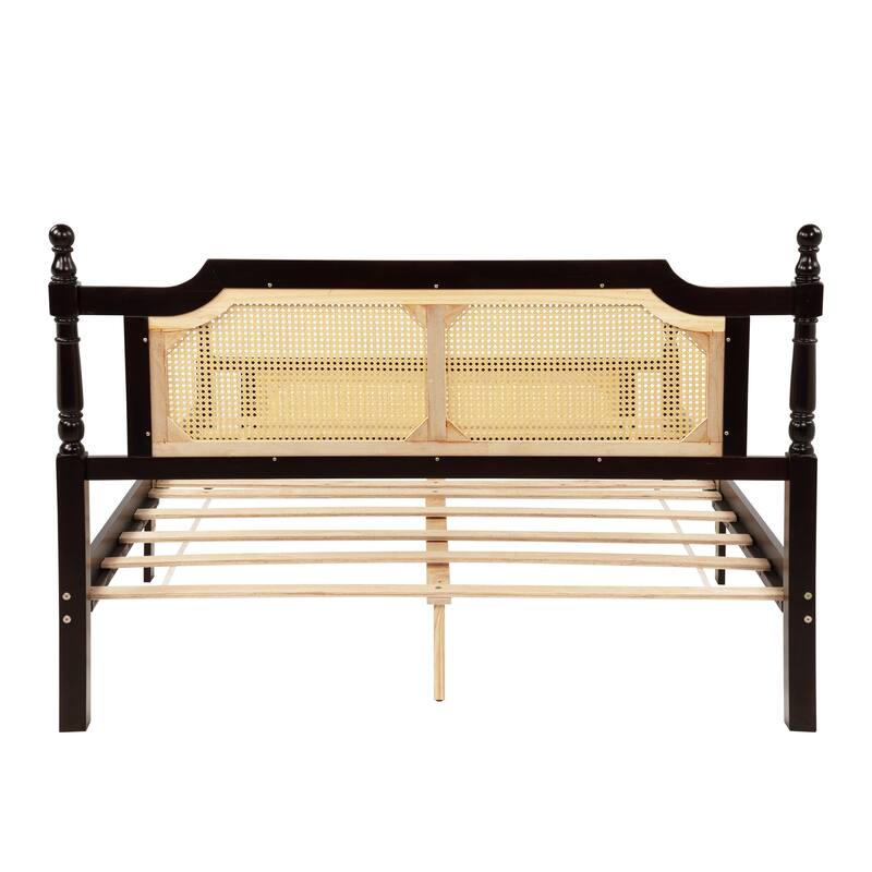 Queen Platform Bed with Rattan Headboard & Solid Pine Wood Frame