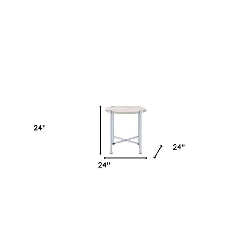 Modern 24 Inch Round End Table with White Oak Wood Top and Chrome Cross Legs Base for Living Room - 24"H x 24"W x 24"L