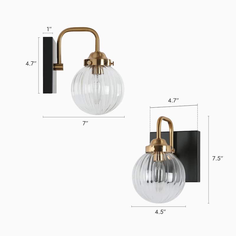 Modern 2-Light Black Gold Bathroom Vanity Light Ribbed Glass Wall Sconce