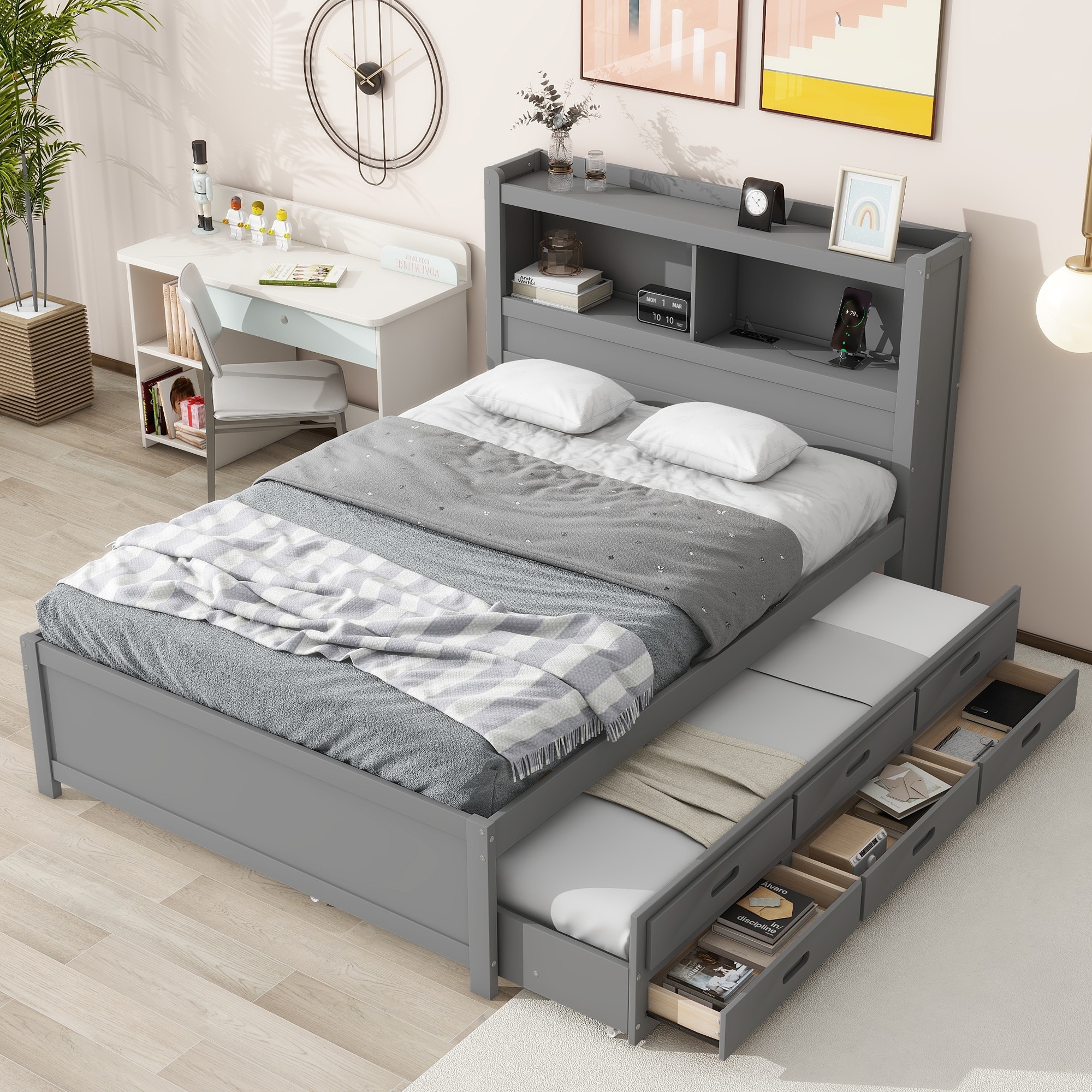 Roomfitters Full Storage Platform Bed with Pull-Out Trundle, Built-In Drawers and USB Ports