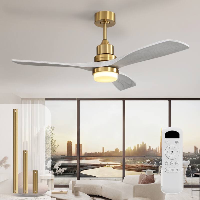 52" Solid Wood Noiseless 3-Blade Ceiling Fans with Dimmable LED Light Optional and Remote, 6-Speed Reversible DC Motor - Gold and Grey Solid wood Blades/With light