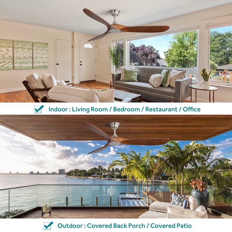 60 Inch Indoor Modern Ceiling Fan With 6 Speed Remote Control 3 Solid Wood Blade For Living Room