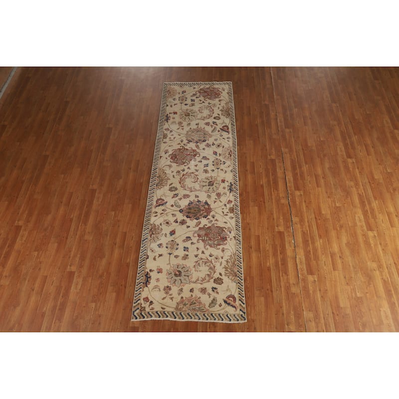 Hand Knotted Oriental 100% Wool Carpet Traditional All-Over Beige & Ivories Tabriz Runner Rug - 11' 1'' X 3' 3''