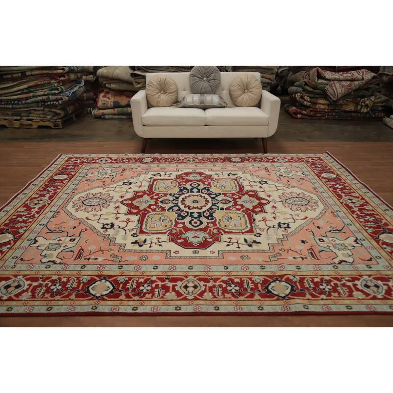 Hand Knotted Oriental 100% Wool Carpet Traditional Medallion Beige & Ivories Heriz (serapi) Area Rug - 10' 1'' X 8' 2''