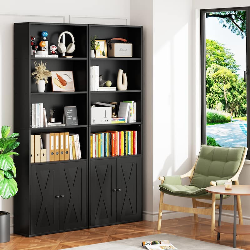 Farmhouse 6-Tier Open Bookcase and Bookshelf with Doors