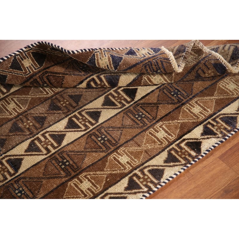 Brown Geometric Balouch Persian Vintage Rug Hand-knotted Wool Carpet - 2'11"x 5'0"