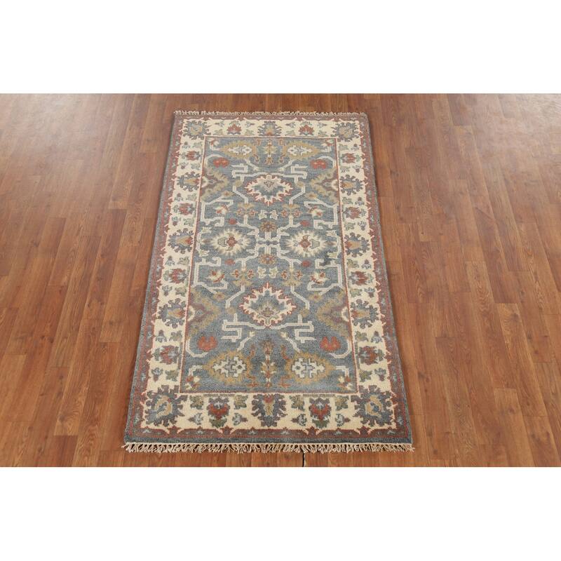 Gray Geometric Oushak Indian Accent Rug Hand-Knotted Wool Carpet - 3'1"x 5'4"