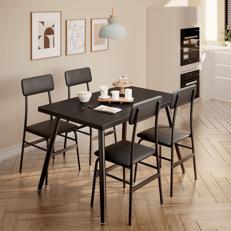 5-Piece Mid-Century Rectangular Dining Table, Industrial Kitchen Table Set with 4 Faux Leather Chairs