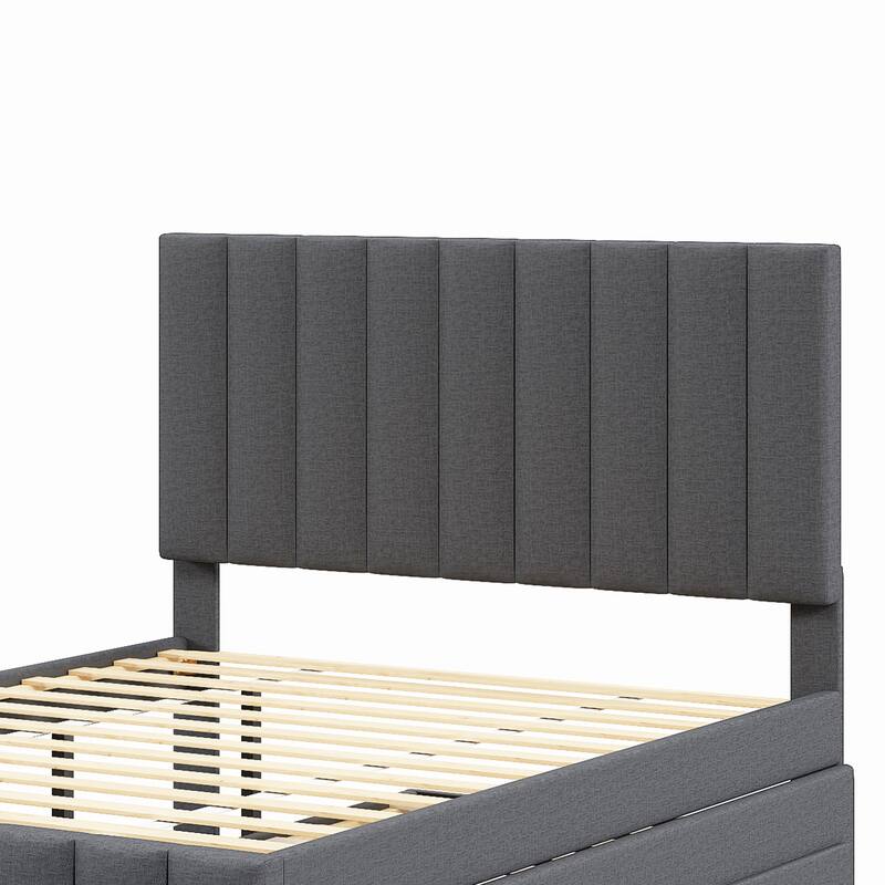 Full Upholstered Platform Bed with Trundle and Drawers, Linen Fabric, Gray