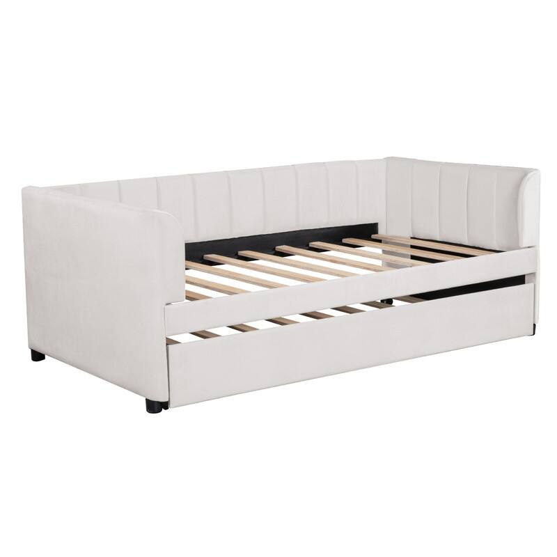 Twin Size Upholstered Daybed with Ergonomic Design Backrest and Trundle