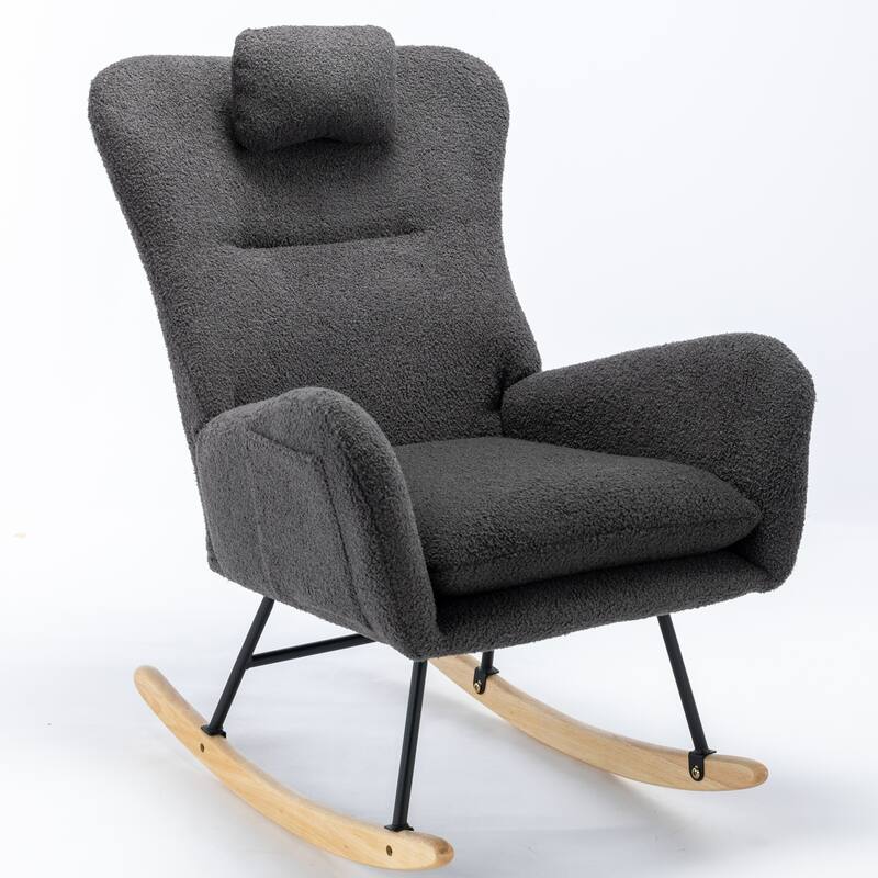 Teddy Fabric Wingback Rocking Chair for Nursery with Safe Solid Wood Base