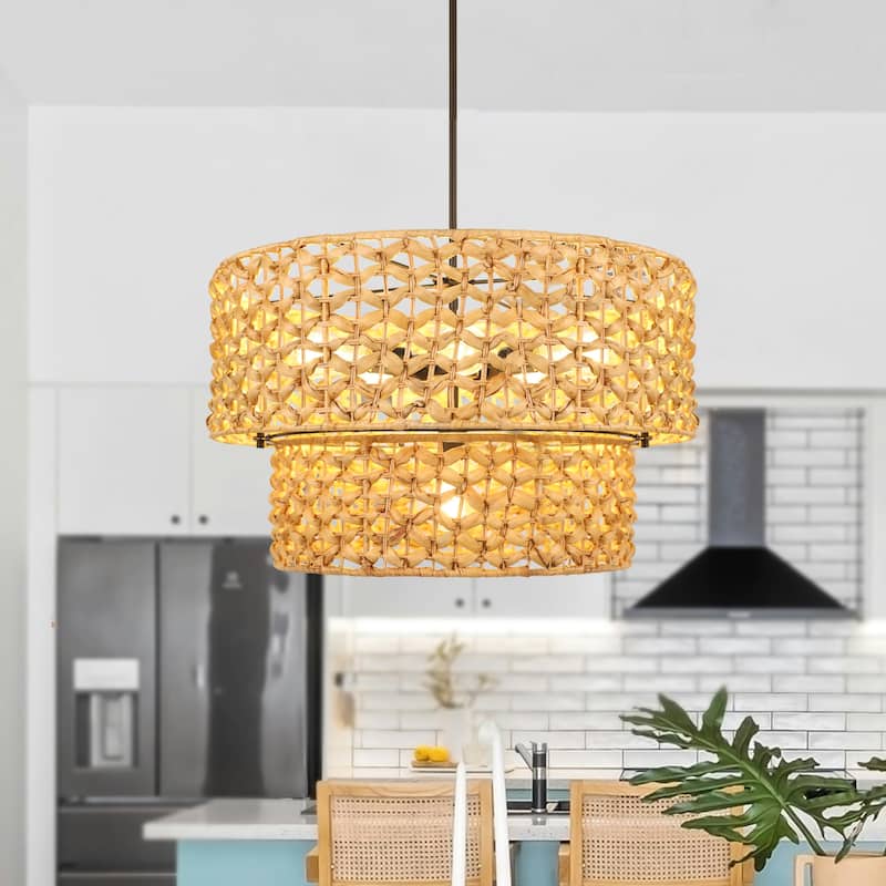 Ravy Farmhouse 6-Light Drum Rattan Chandelier Coastal Natural Pendant Light for Kitchen Dining Room - Dia. 26" x H 15.7"