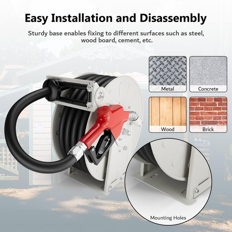 1" x 50ft Fuel Hose Reel Grey, 300PSI Diesel Fuel Transfer Hose Working with 12V Pump & Tank