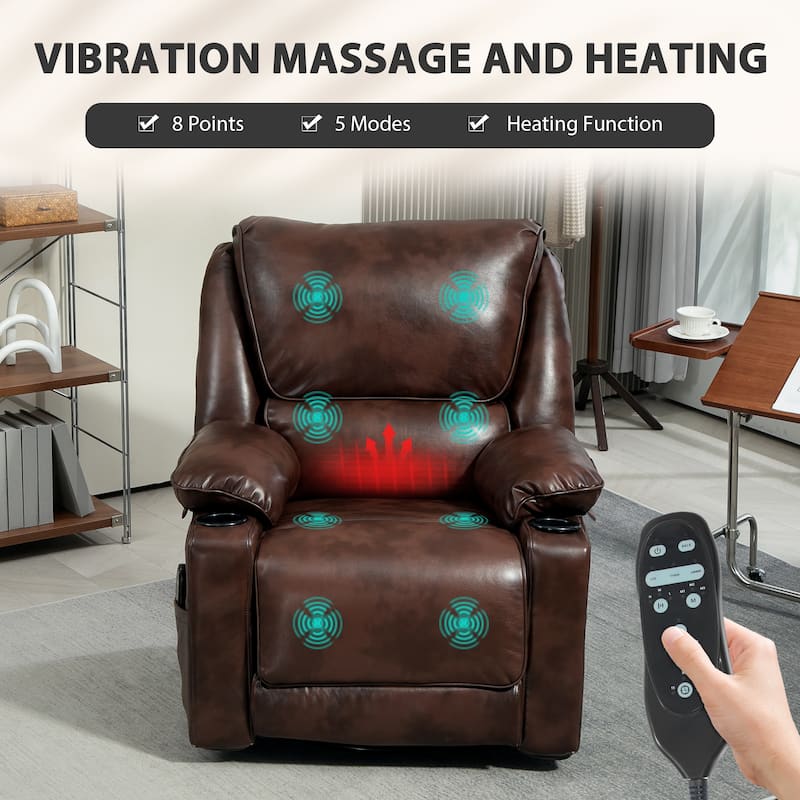 Brown PU Massage Swivel Recliner Chair with Lumbar Heating Rocking and 8 Vibration Modes